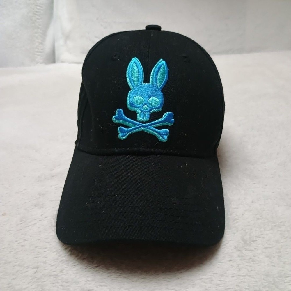 Psycho Bunny Hat Cap Strap Back Mens Black Cotton Twill Skull Work School